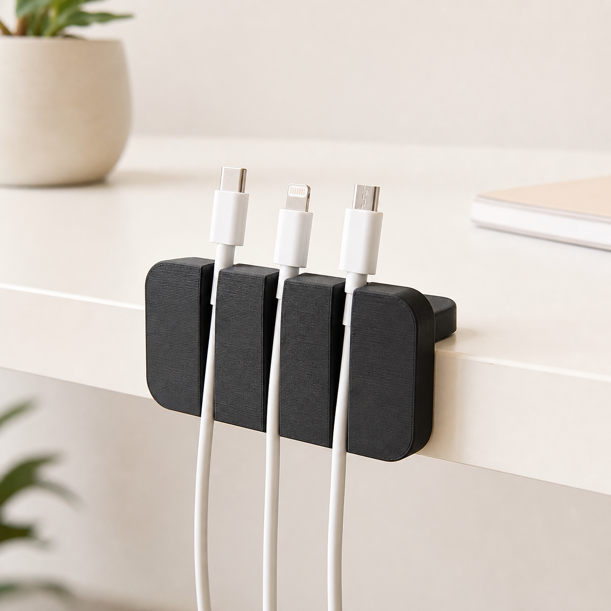 Black three-slot 3D-printed cable clip attached to a desk edge