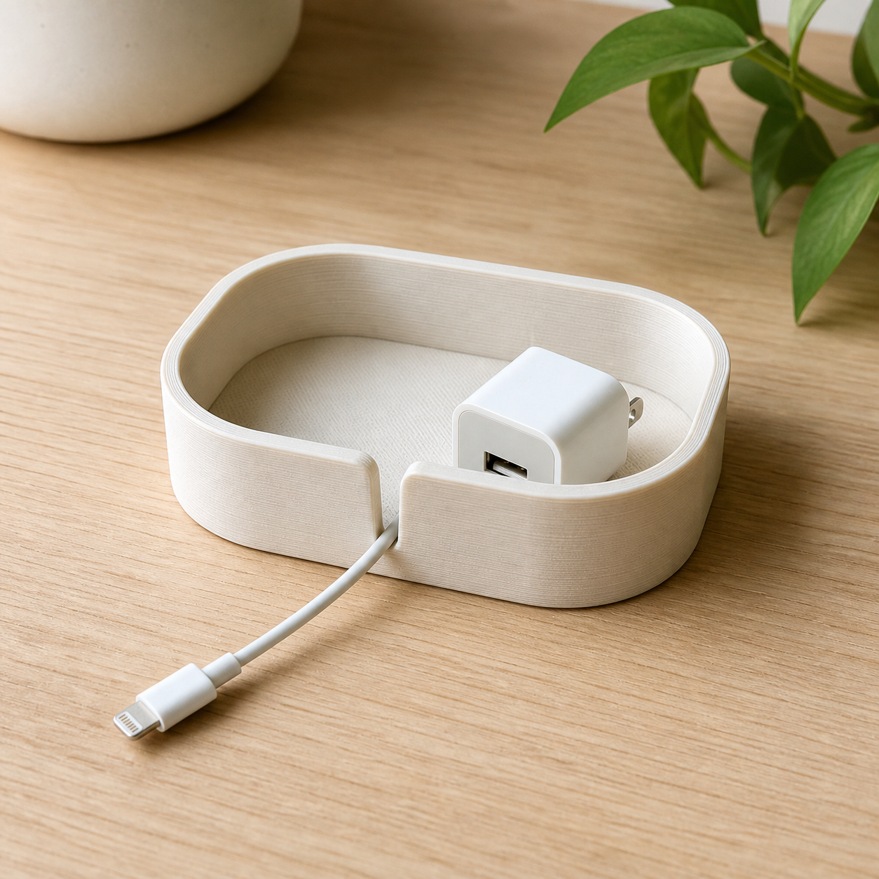 Warm white 3D-printed tray holding charging cables and adapters