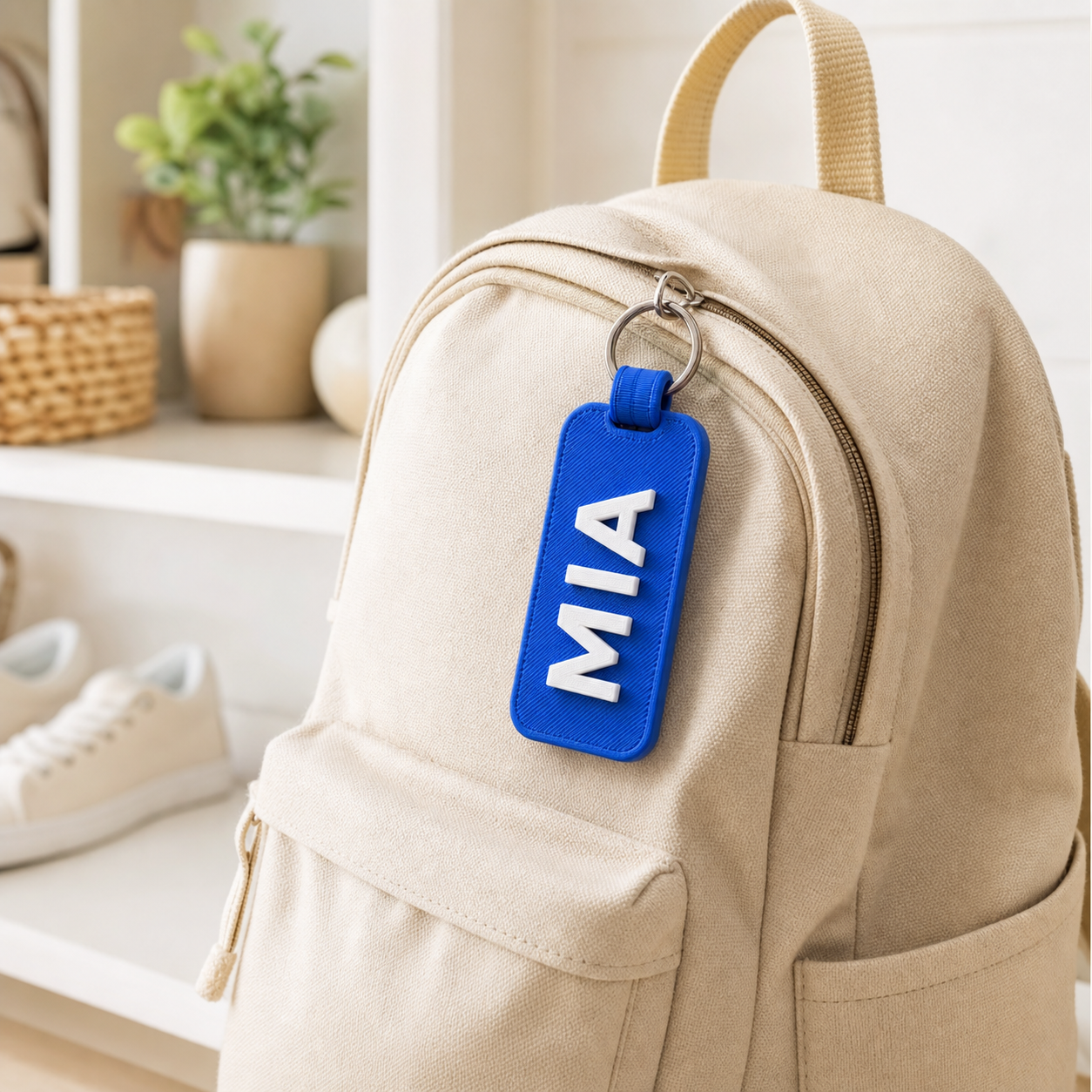 Blue 3D-printed personalised tag attached to a bag
