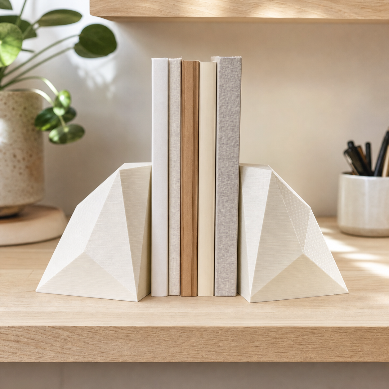 Warm white geometric 3D-printed bookends holding books upright