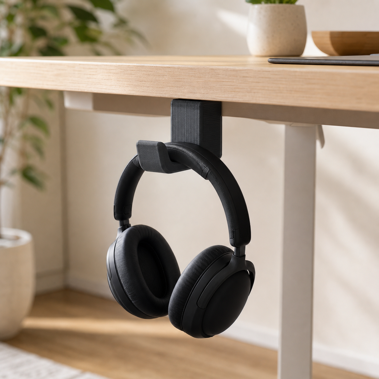 Black 3D-printed headphone hook mounted under a desk