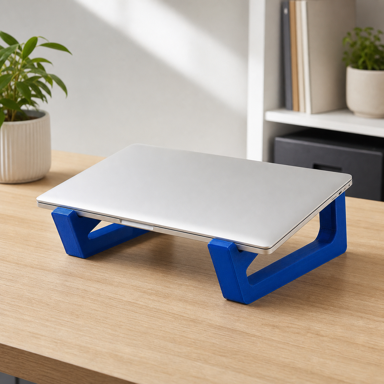 Blue 3D-printed laptop riser supporting an open laptop