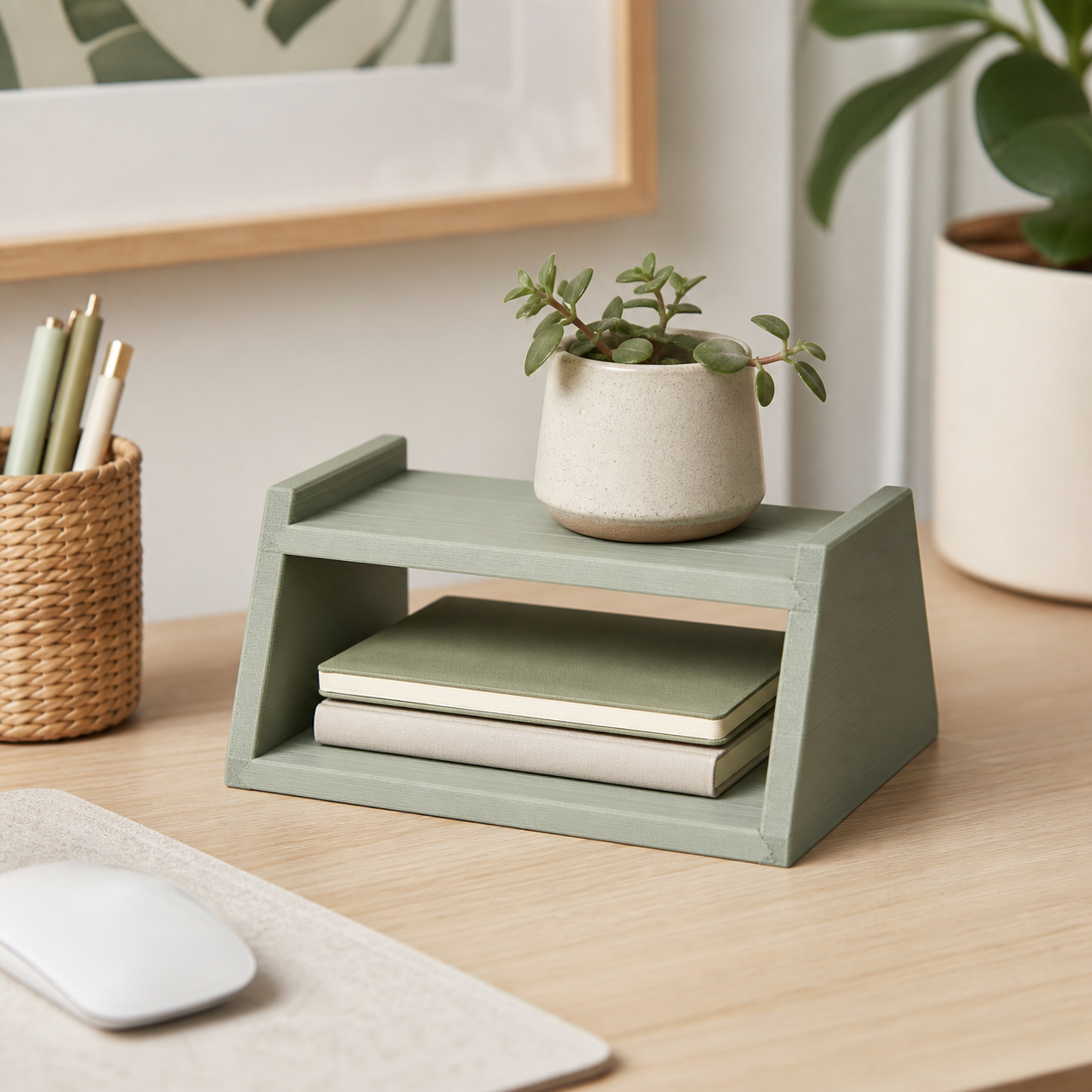 Sage green two-level 3D-printed shelf on a desk