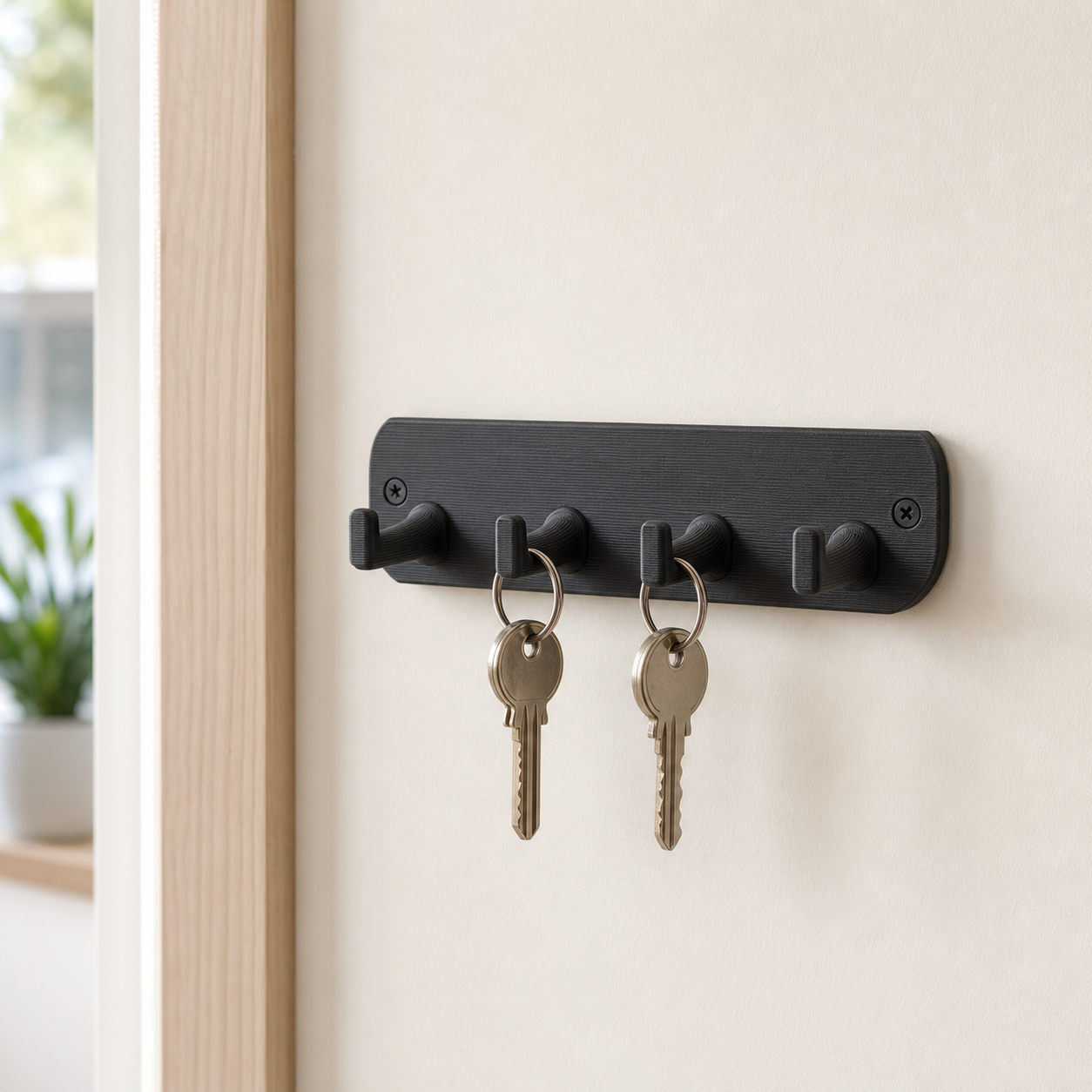 Black 3D-printed wall rail with four hooks for keys